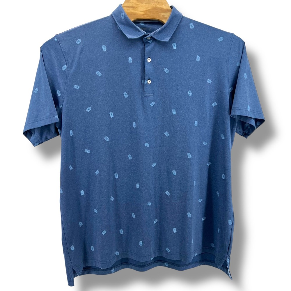 Johnnie-O Mens XXL Blue Tiki Mask Print Performance Golf Polo Shirt Short Sleeve